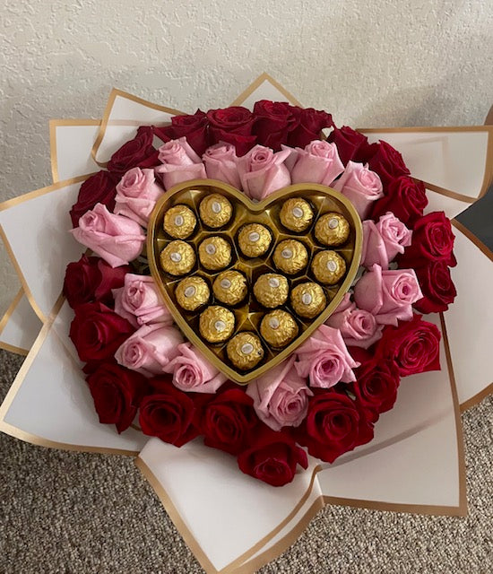 BOUQUETS OF PINK AND RED ROSES WITH CHOCOLATES